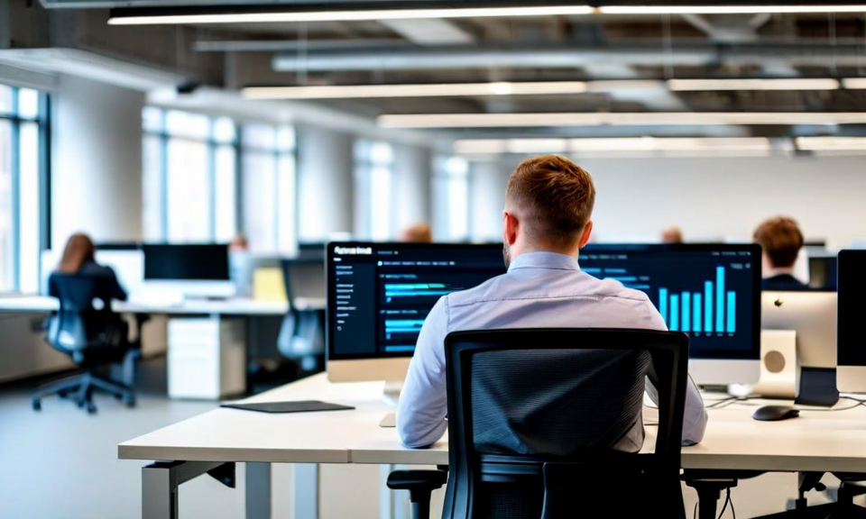 Boston office workspace with compliance dashboard